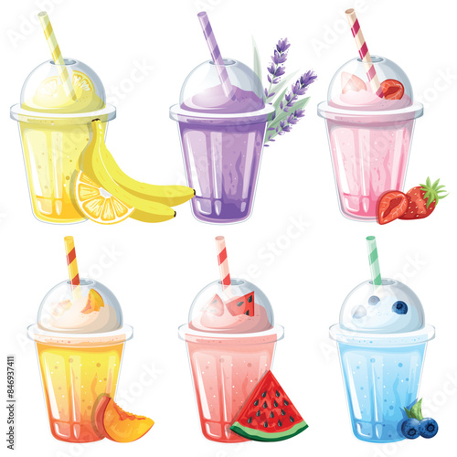 Summer cold milkshakes with a choice of flavors in a plastic cup with a lid and straw. The concept of proper nutrition. Vector illustration. Premium vector. Vegetarianism. Healthy food. Fruits and ber