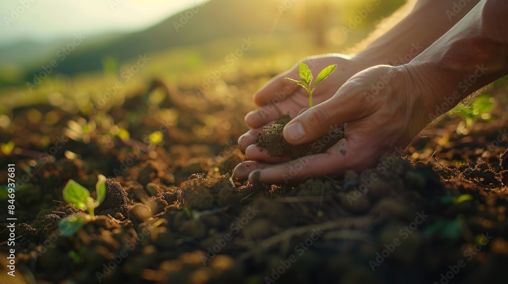 Fototapeta premium Hands Nurturing Seedling at Sunrise in Vibrant Field of Young Plants