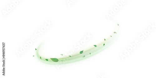 Green air swirl effect with flying mint leaves isolated on white background PNG, vector realistic illustration for advertising design.	
