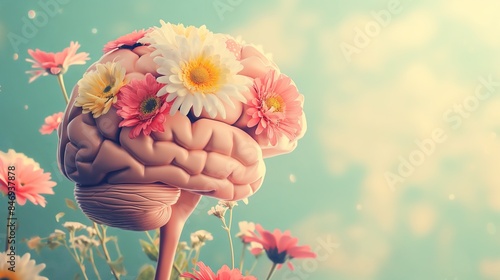 Human brain with flowers, self care and mental health concept, positive atitdude , creative mind photo