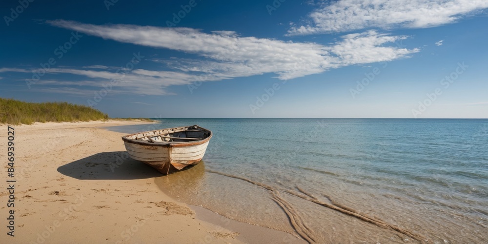 A solitary wooden boat on a peaceful beach with clear blue skies, embodying tranquility and escape