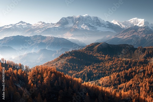 with dark brown and orange larch trees on mountain slopes photo