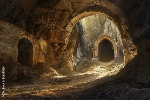 Ruins of an old structure in a sunlit cave evoke mystery and exploration