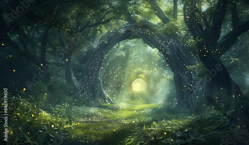 Fantasy forest with a magical tunnel made of trees, a fantasy landscape with green grass and glowing fireflies, a fantasy background depicting a magical environment