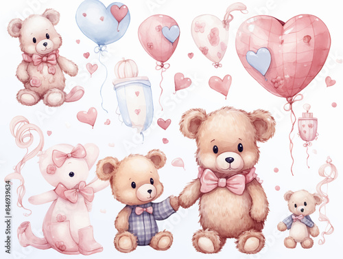Set of teddy bears and balloon, party, Gifts, cute baby teddy bear. Draw vector illustration collection funny bear with pink heart for valentine's day. Watercolor style