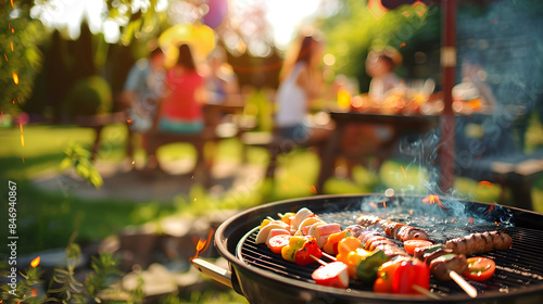 Family and friends having a picnic barbecue in the garden. Enjoy eating blurred backgrounds.