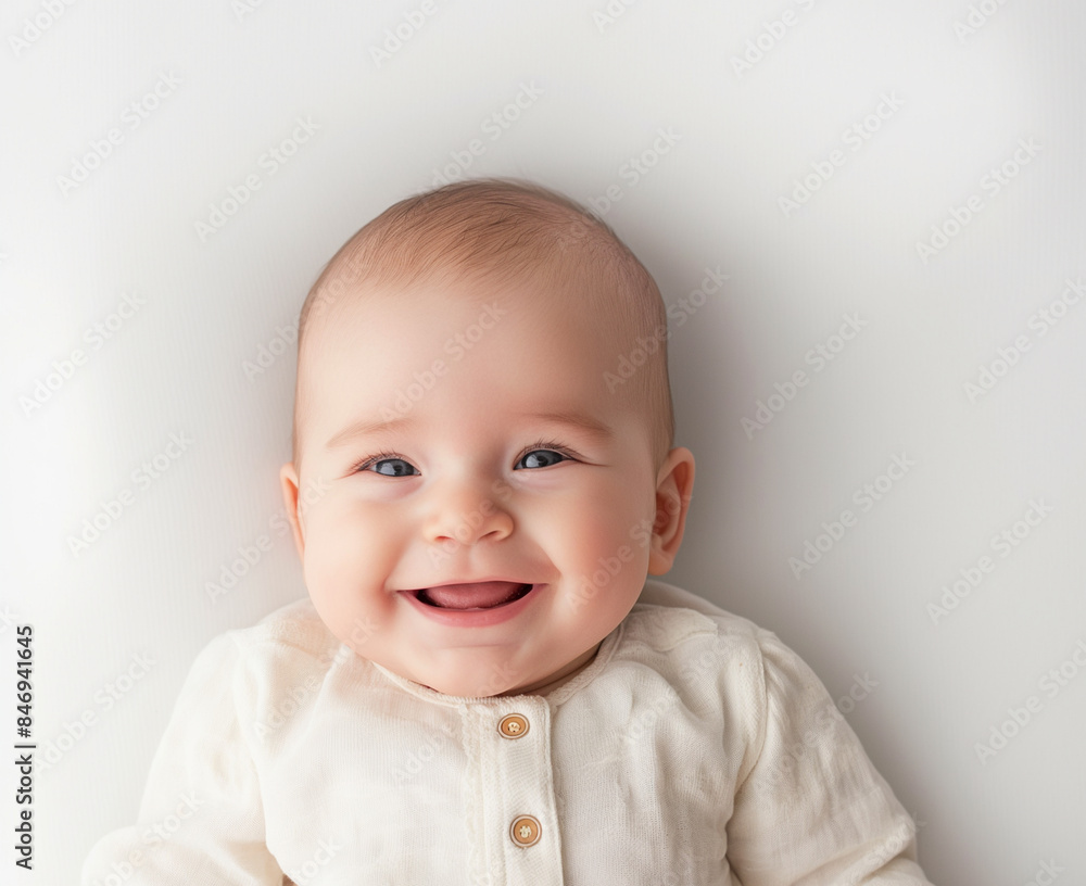 The baby smiles, lies on his stomach on a light bed The baby smiles, lies on his stomach on a light bed