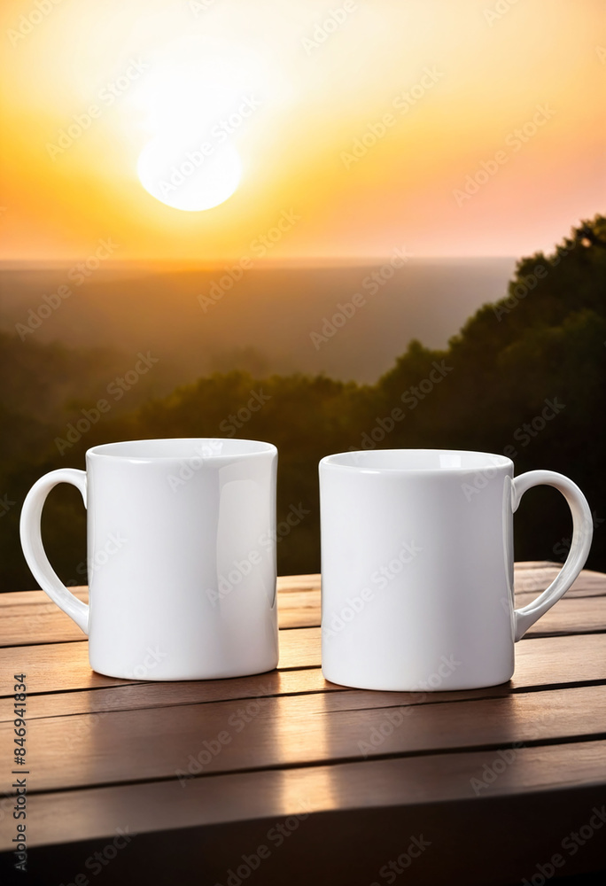 A mockup of two white blank mugs on the table, with a beautiful sunrise in the background A mockup of two white blank mugs on the table, with a beautiful sunrise in the background