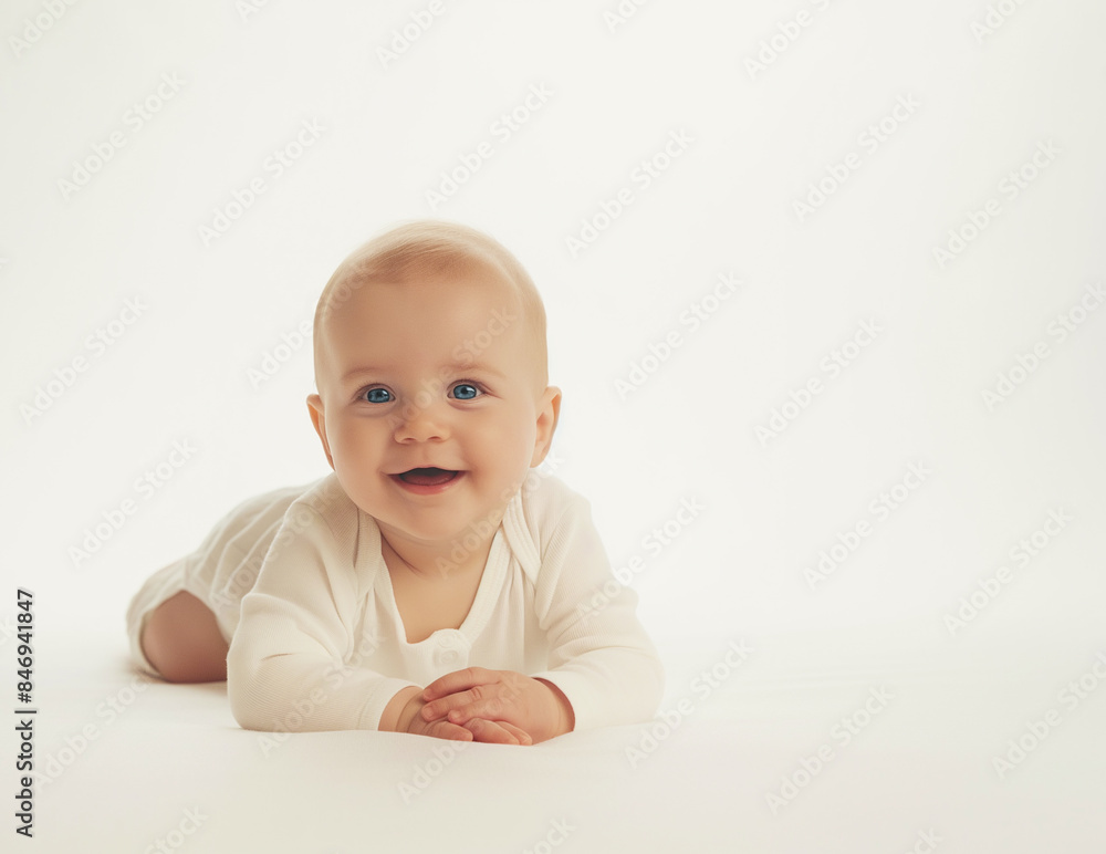 The baby smiles, lies on his stomach on a light bed The baby smiles, lies on his stomach on a light bed