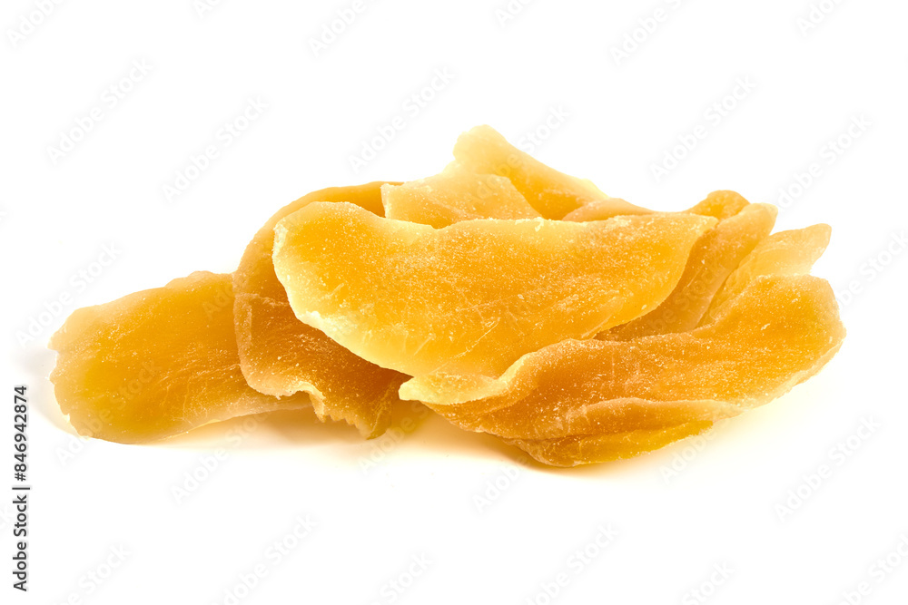 Dried mango pieces, isolated on white background Dried mango pieces, isolated on white background