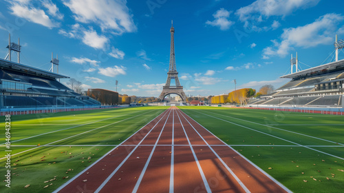 A modern sports stadium with a running track and green field, the Eiffel Tower in the background, with shadows cast across the track. photo