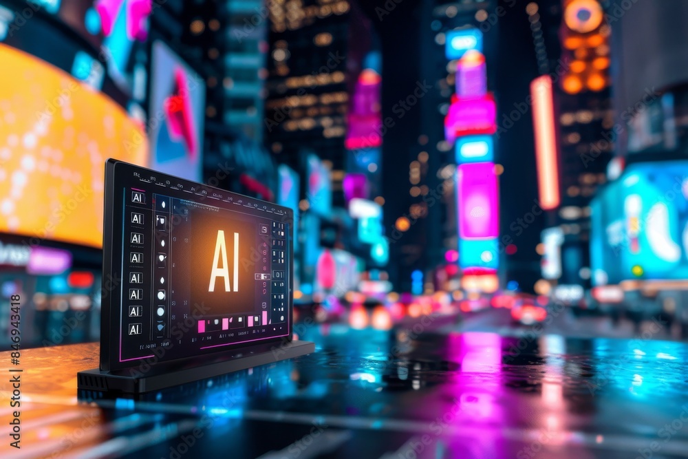 Obraz premium AI lightbox in cityscape, digital art, technology innovation, artificial intelligence, high tech visuals, cyberpunk theme, modern design