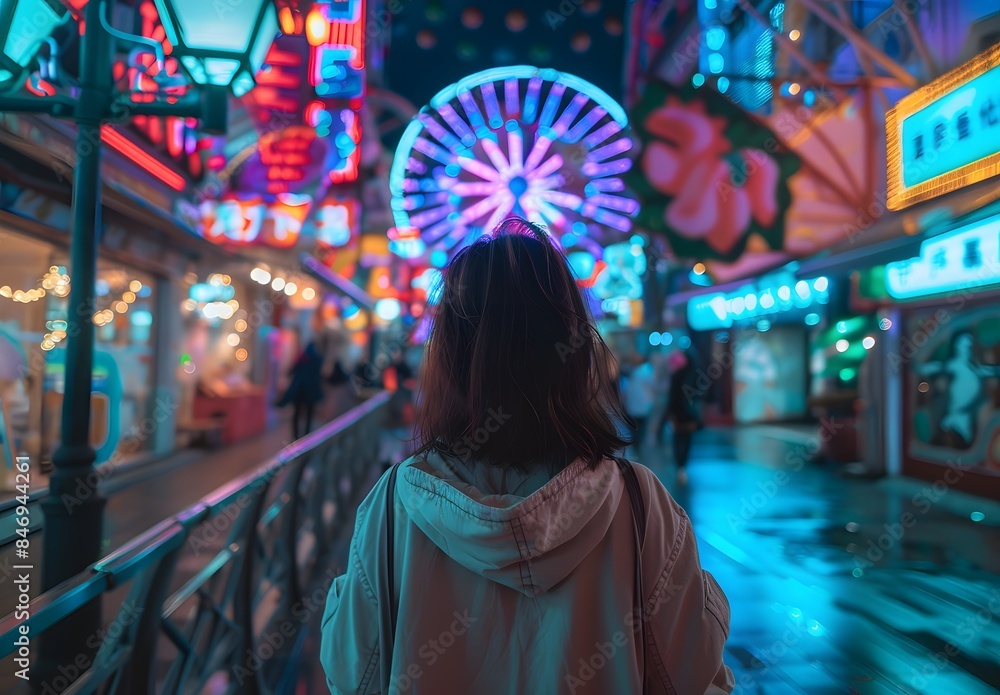 Cinematic photo of a boy looking at a Ferris wheel at a carnival Cinematic photo of a boy looking at a Ferris wheel at a carnival