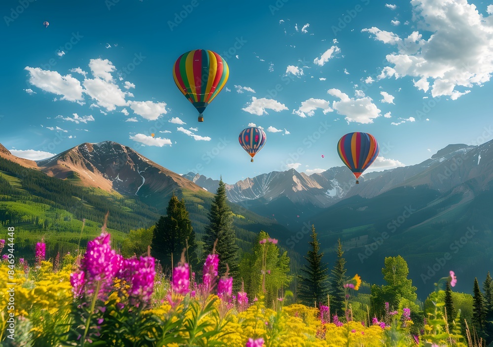 Colorful hot air balloons floating over the majestic mountains, surrounded by lush forests and vibrant wildflowers Colorful hot air balloons floating over the majestic mountains, surrounded by lush forests and vibrant wildflowers