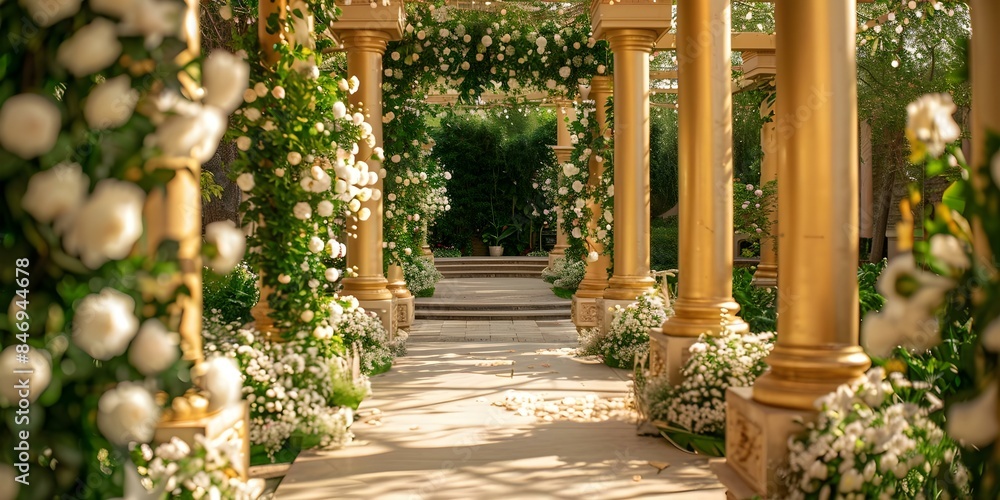 Stunning outdoor wedding venue adorned with golden columns and white flowers. Concept Wedding Venue, Outdoor Setting, Golden Columns, White Flowers, Stunning Decor Stunning outdoor wedding venue adorned with golden columns and white flowers. Concept Wedding Venue, Outdoor Setting, Golden Columns, White Flowers, Stunning Decor