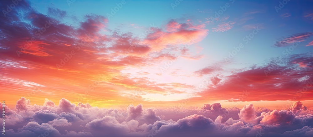 Dramatic view of a sunset over a sky filled with clouds, with a plane flying in the distance. with copy space image. Place for adding text or design
