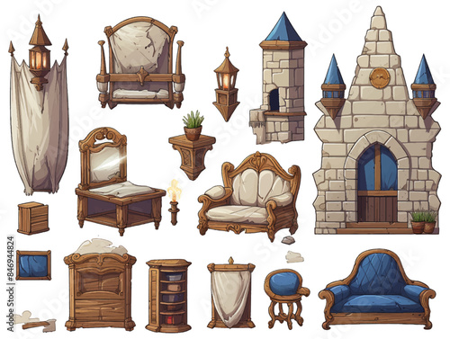 Set element castle interior furniture asset cartoon for games icon anime manga, RPG illustration