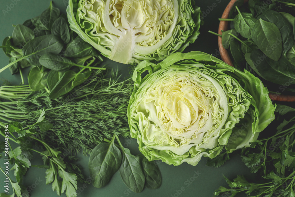 Fototapeta premium Green vegetables and dark leafy food background as a healthy eating concept of fresh garden produce organically grown as a symbol of health