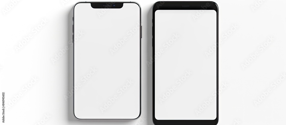 Two iPhones in black and white colors with blank screens placed on a plain white surface for a minimalist tech concept mockup. with copy space image. Place for adding text or design Two iPhones in black and white colors with blank screens placed on a plain white surface for a minimalist tech concept mockup. with copy space image. Place for adding text or design