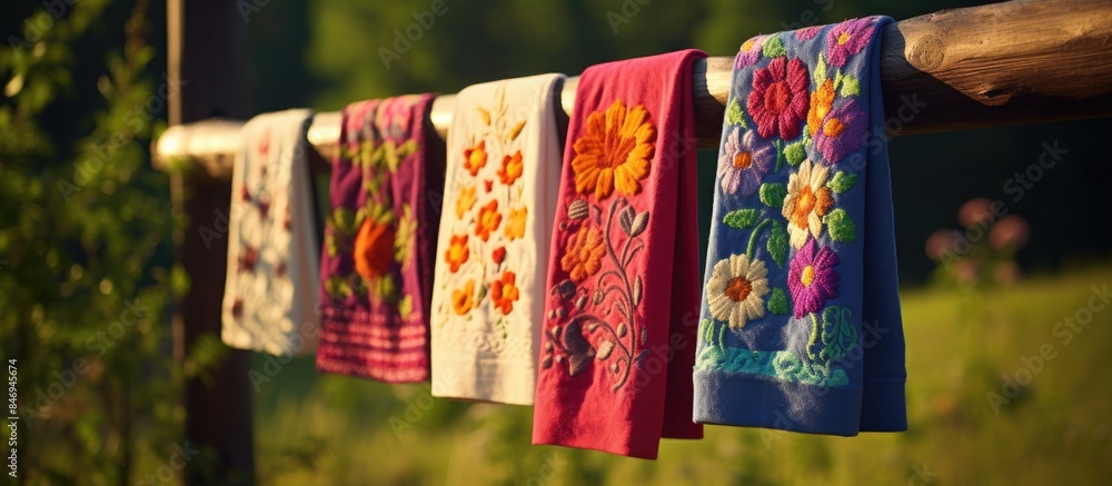 Fototapeta premium Vibrant Ukrainian folk towels hanging on a clothesline in an open field, showcasing traditional woven designs. with copy space image. Place for adding text or design