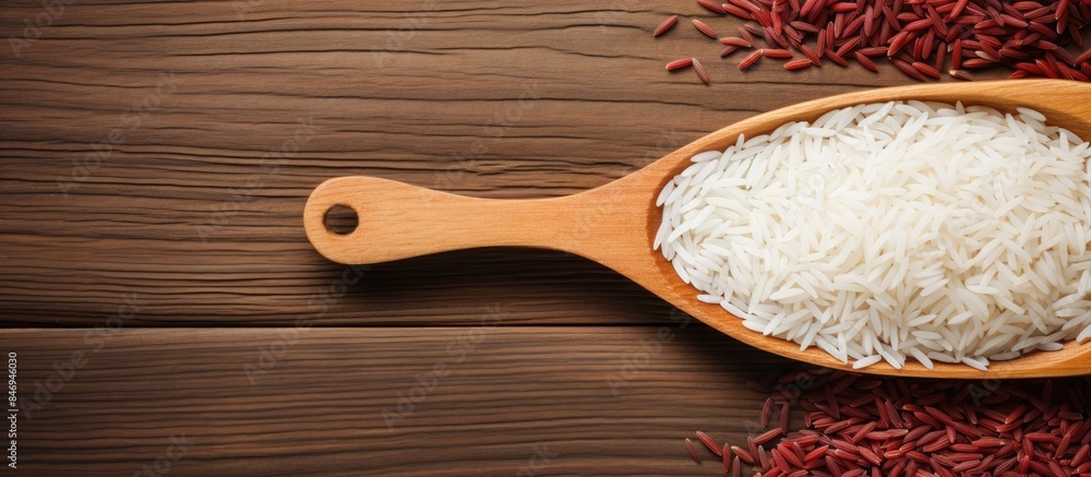 A wooden spoon filled with a combination of white and red rice placed on a wooden table. with copy space image. Place for adding text or design A wooden spoon filled with a combination of white and red rice placed on a wooden table. with copy space image. Place for adding text or design