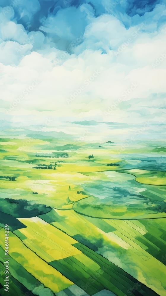 aerial view agricultural fields, flat design, top view, farming theme, water color, monochromatic color scheme aerial view agricultural fields, flat design, top view, farming theme, water color, monochromatic color scheme