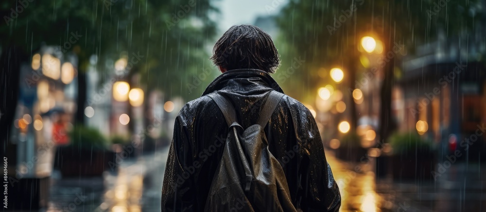 Young man with backpack walking in city rain on a summer day, despite wearing raincoat. Strong water drops, tropical storm. Back rear view. with copy space image. Place for adding text or design Young man with backpack walking in city rain on a summer day, despite wearing raincoat. Strong water drops, tropical storm. Back rear view. with copy space image. Place for adding text or design