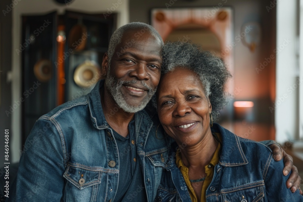 Portrait of a grinning afro-american couple in their 80s sporting a rugged denim jacket over scandinavian-style interior background Portrait of a grinning afro-american couple in their 80s sporting a rugged denim jacket over scandinavian-style interior background