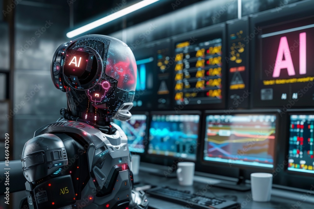 AI robot with holographic display, digital art, technology innovation, artificial intelligence, high tech visuals, cyber theme, modern design, sci fi AI robot with holographic display, digital art, technology innovation, artificial intelligence, high tech visuals, cyber theme, modern design, sci fi