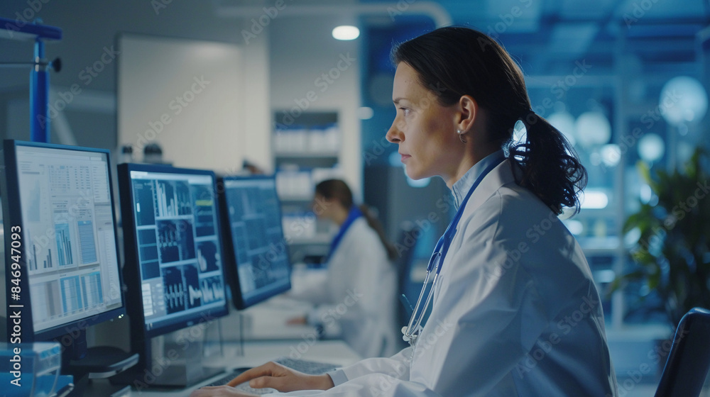 Side view doctor women using computer with AI artificial intelligence in modern medical technology and IOT automation. Side view doctor women using computer with AI artificial intelligence in modern medical technology and IOT automation.