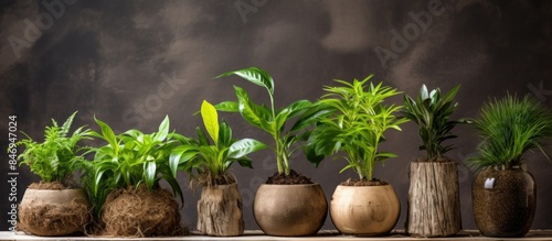 Variety of plants displayed in pots on a table - ornamental and seasonal with visible roots. with copy space image. Place for adding text or design photo