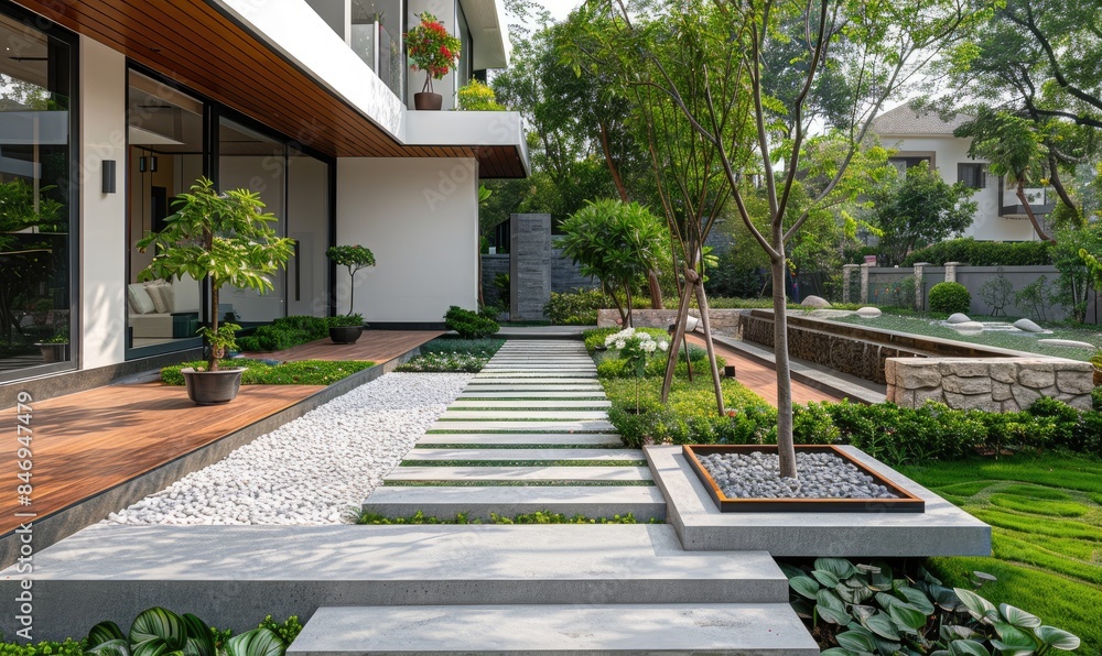 Modern minimalism style house with garden, stone walkway with white pebbles Modern minimalism style house with garden, stone walkway with white pebbles
