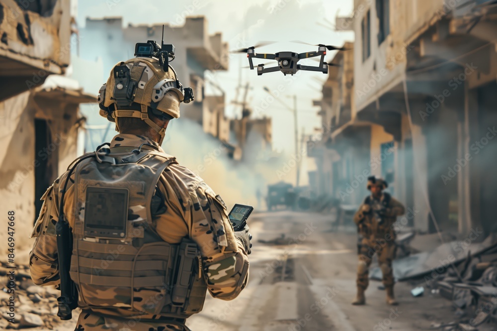 Modern Soldier Operating Drone in Urban Warfare Environment Modern Soldier Operating Drone in Urban Warfare Environment