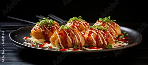 Plate holds three food items topped with flavorful sauce and toppings, a delicious culinary delight. with copy space image. Place for adding text or design © vxnaghiyev