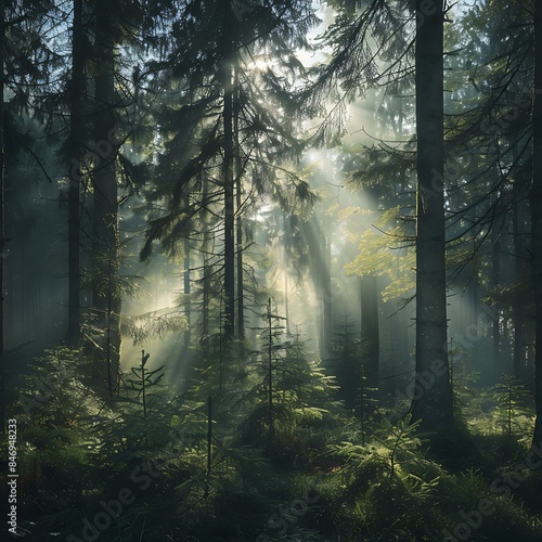 Foggy forest morning with sunlight piercing through mist