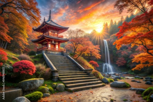 A traditional Japanese temple surrounded by vibrant autumn foliage and a cascading waterfall at sunset. Ideal for travel blogs, posters, and cultural publications