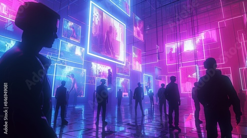 Futuristic art gallery heist, robbers stealing digital masterpieces,