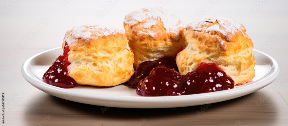 Delicious scones topped with sweet jam displayed neatly on a square dish against a white backdrop. with copy space image. Place for adding text or design Delicious scones topped with sweet jam displayed neatly on a square dish against a white backdrop. with copy space image. Place for adding text or design