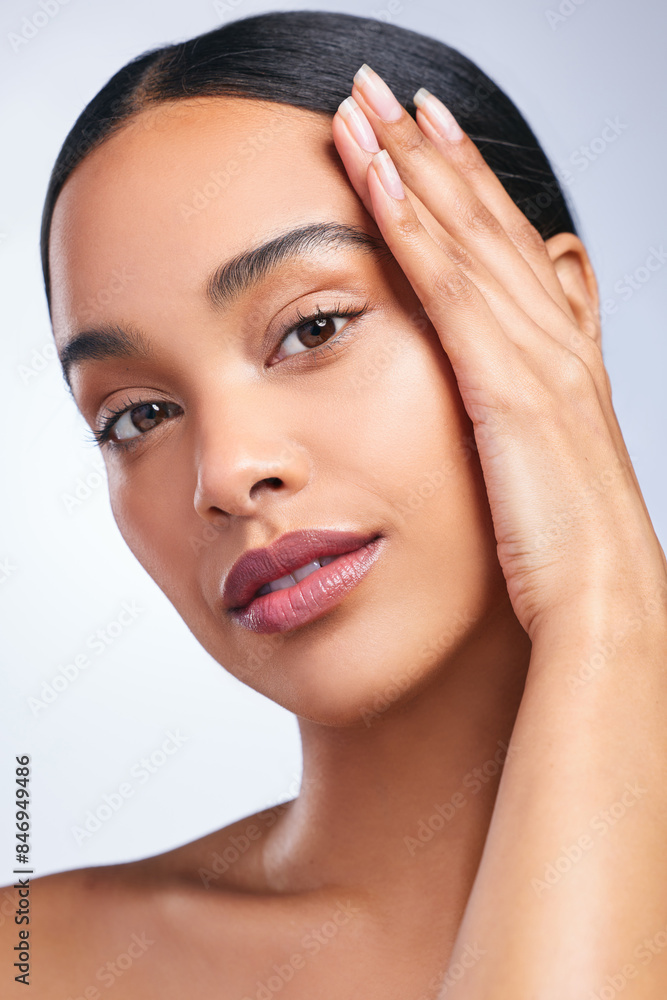Φωτογραφία Woman, portrait and soft skincare in studio, healthy and hands for beauty on white background