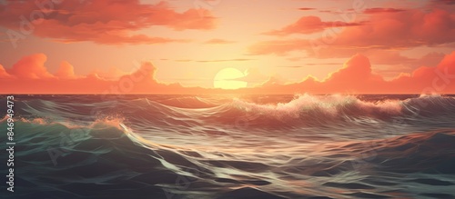 The sun sets over the tranquil ocean  casting a golden glow on the gentle waves and painting the sky with hues of orange and pink. with copy space image. Place for adding text or design