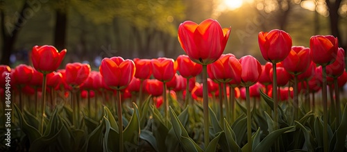 Numerous vibrant red tulips...