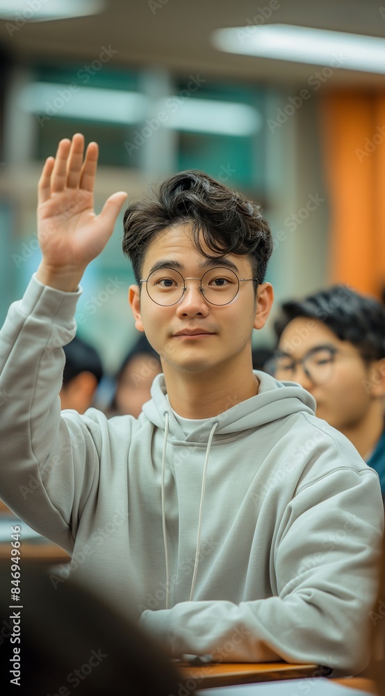 Handsome Asian male college student is sitting in the classroom, raising his hand to answer the teacher's question. Handsome Asian male college student is sitting in the classroom, raising his hand to answer the teacher's question.
