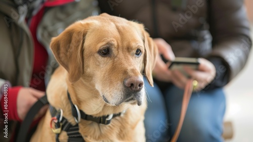 A person with a visual impairment using a guide dog or a cane, reading Braille or using a smartphone with accessibility features.
