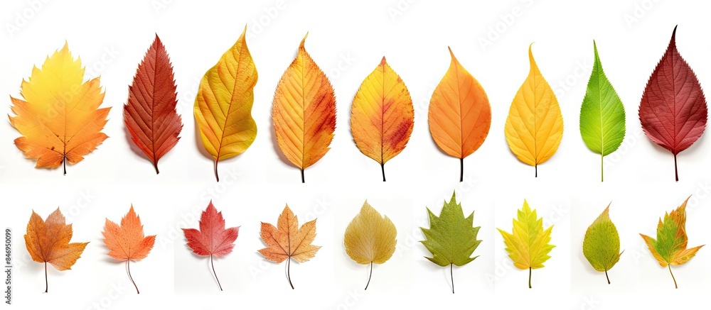 Obraz premium Close-up view of a diverse group of colorful leaves, showcasing the beauty of nature in different hues and shapes. with copy space image. Place for adding text or design