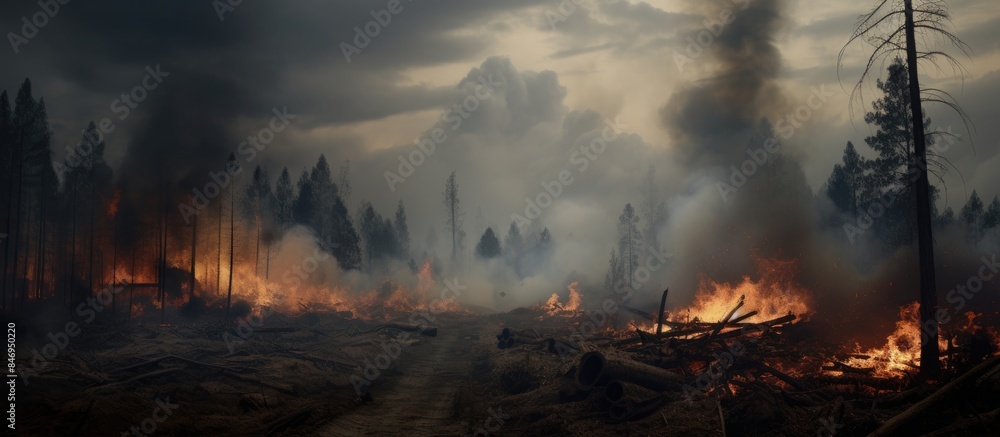 Fototapeta premium Dense forest area ablaze with trees engulfed in flames and smoke, depicting a destructive wildfire. with copy space image. Place for adding text or design