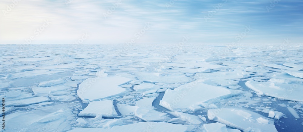 Obraz premium Blue sea ice structure in the Arctic, showing white pancake ice formation floating in the water under a clear blue sky. with copy space image. Place for adding text or design