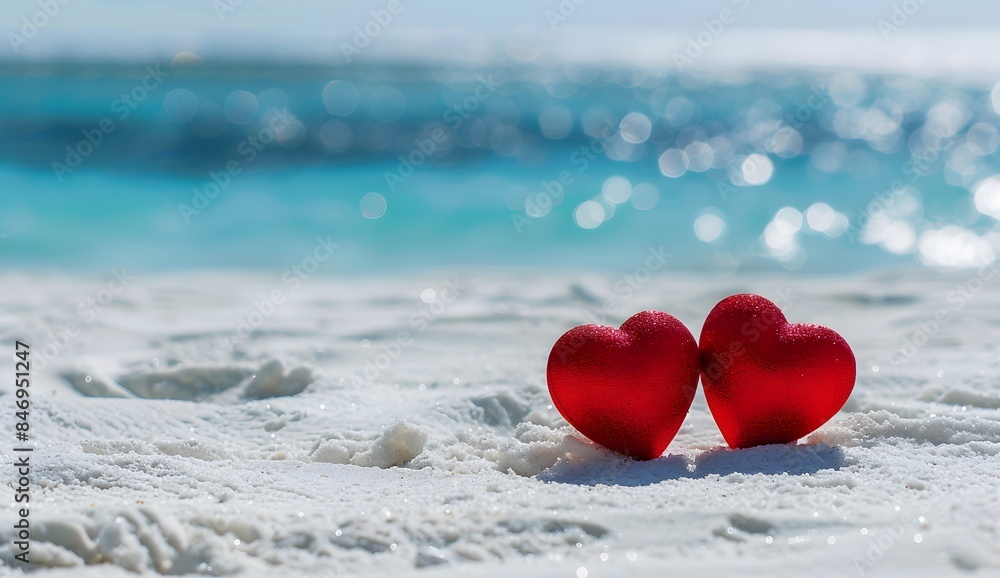 Fototapeta premium Two red hearts on white beach with blue sea background, Valentine's Day concept banner. Love and romance, romantic mood, copy space for text