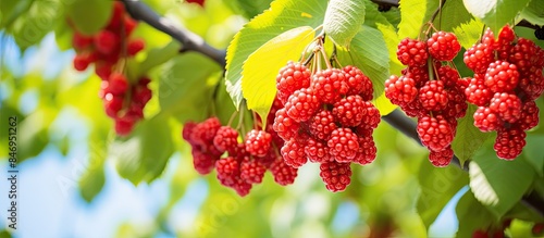 Ripe red mulberry balls han...