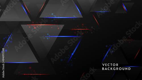 Dark background with neon lines and triangle elements. Vector illustration. Design for wallpaper, background, postcard. 
