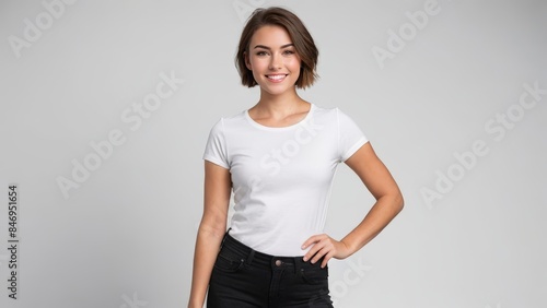 Young woman with short hair wearing white t-shirt and black jeans isolated on grey background